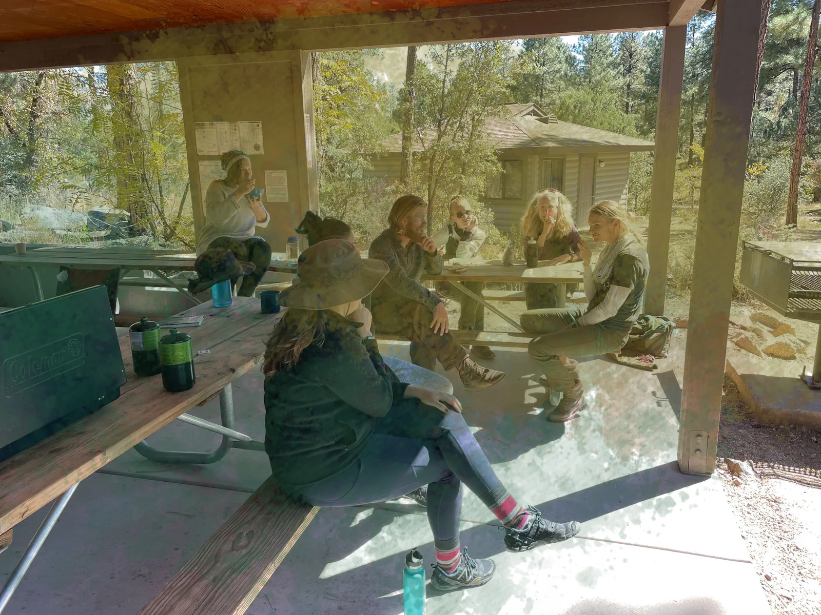 A group sits around picnic tables under a shelter in the forest.