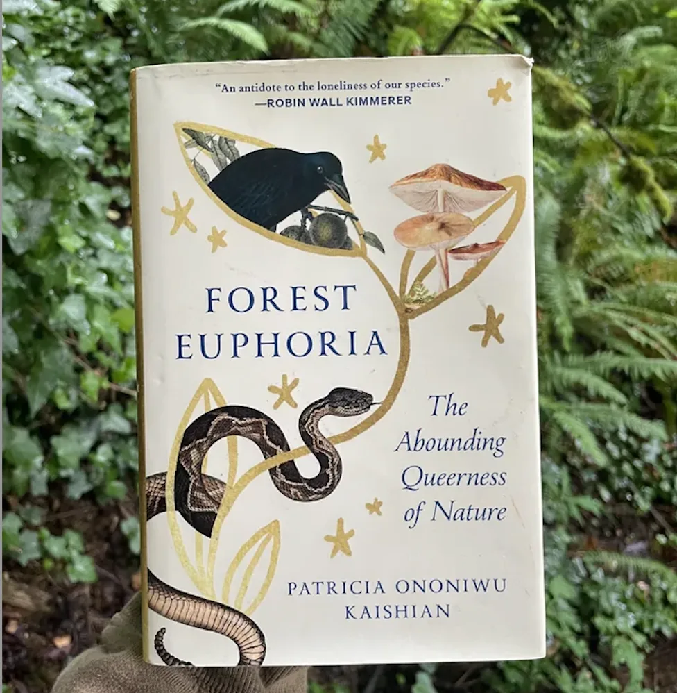 [ID: A book cover with title: Forest Euphoria shows a snake climbing up a golden sketched tree. There are mushrooms growing out of one leaf and a black raven in the other leaf]