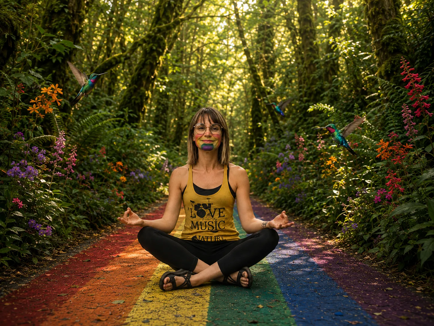 ID: Summer, seated in a meditation pose on a trail that has rainbow colored strips painted on it. There are hummingbirds and colorful flowers along the trail and a forest behind Summer.]