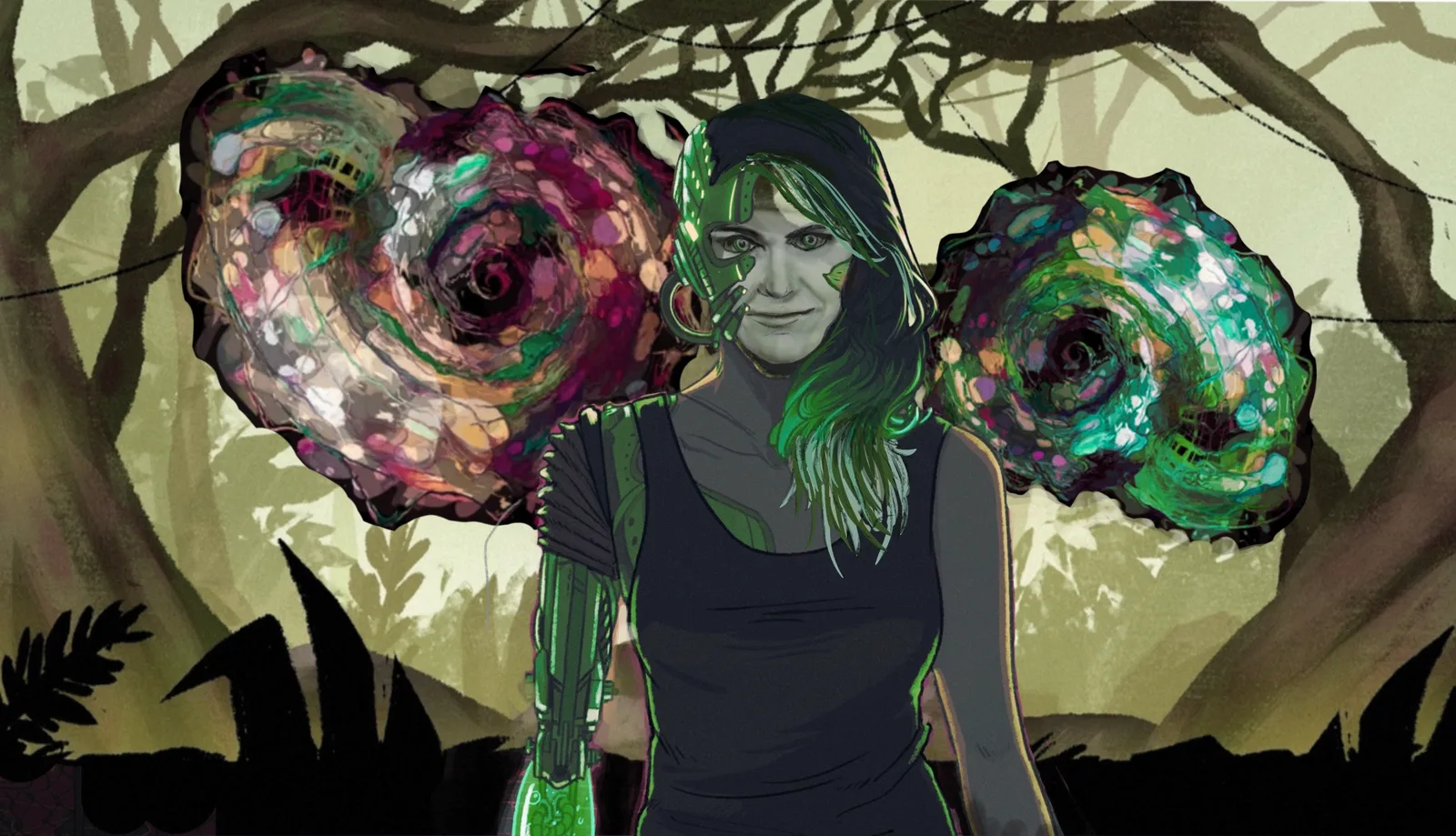 [image description: An animated version of Summer, half cyborg, half human, standing in front of a forest. Behind them are two cochlea shells with different colors- representing worlds.]