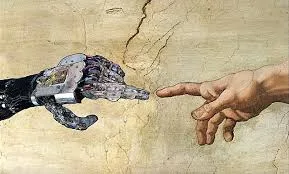 [id: A bionic hand and a masculine-looking human hand are close to touching. This appears to be a bionic version of Michanelgo's God and Adam painting, but instead of God’s hand is a robotic hand]