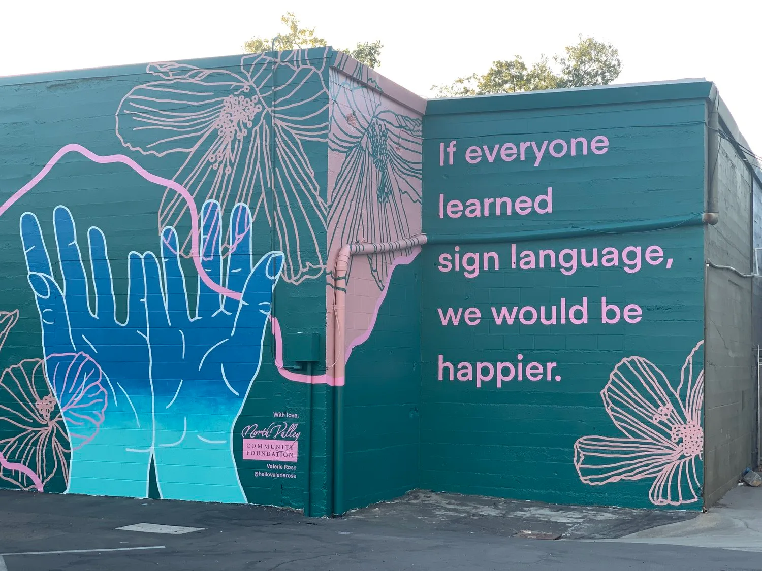 [id: A graffiti art wall displays a line drawing of two hands connected, there is also line drawing of flowers and the text reads: "If everyone learned sign language, we would be happier."]
