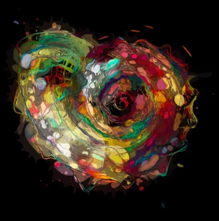 [id: An illustration of a cochlear shell with multicolored painting and scribbles.