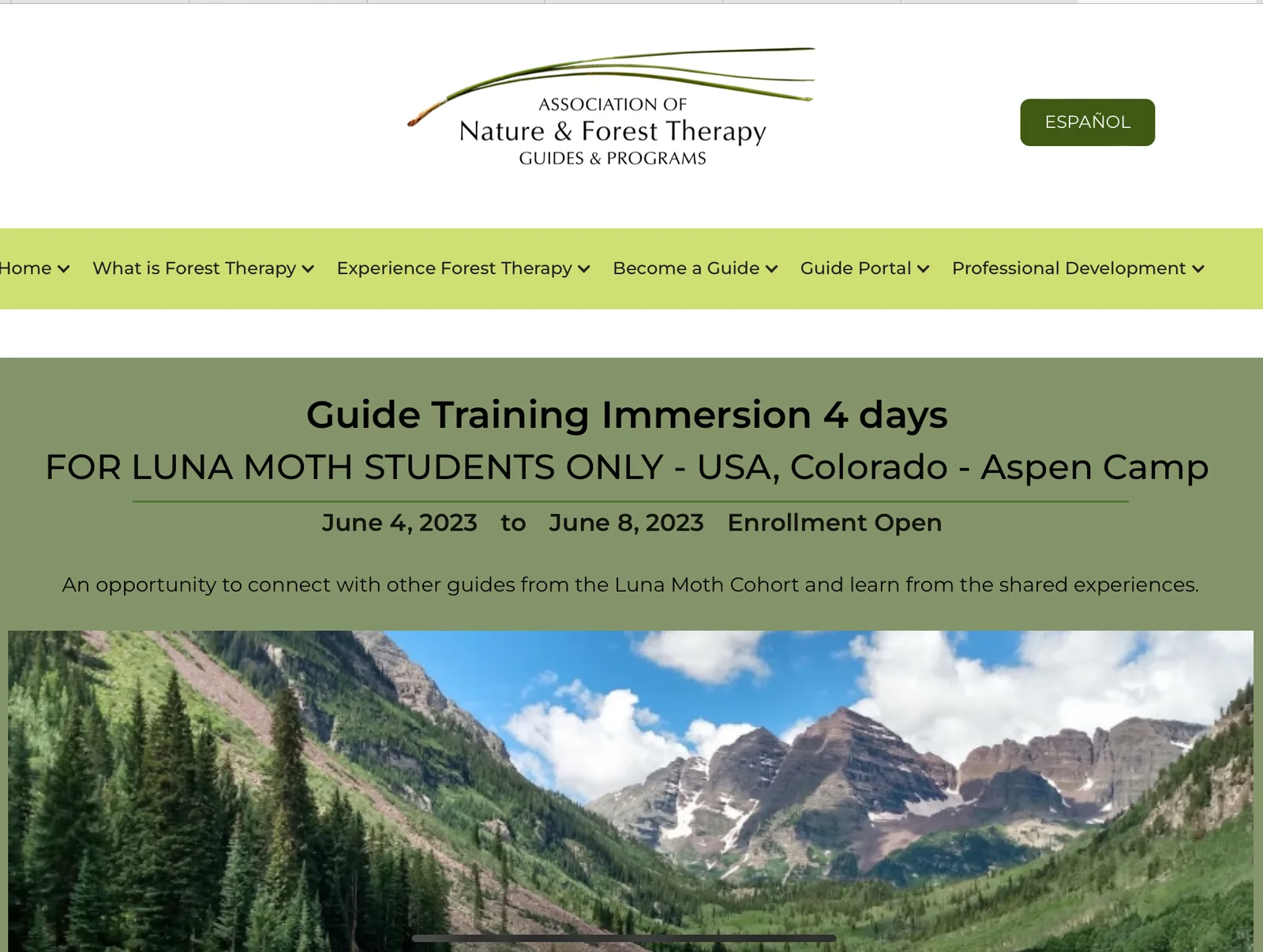 Screenshot of an Association of Nature and Forest Therapy event page: “Guide Training Immersion 4 days, for Luna Moth students only – USA, Colorado – Aspen Camp, June 4, 2023 to June 8, 2023,” above a photo of mountains.