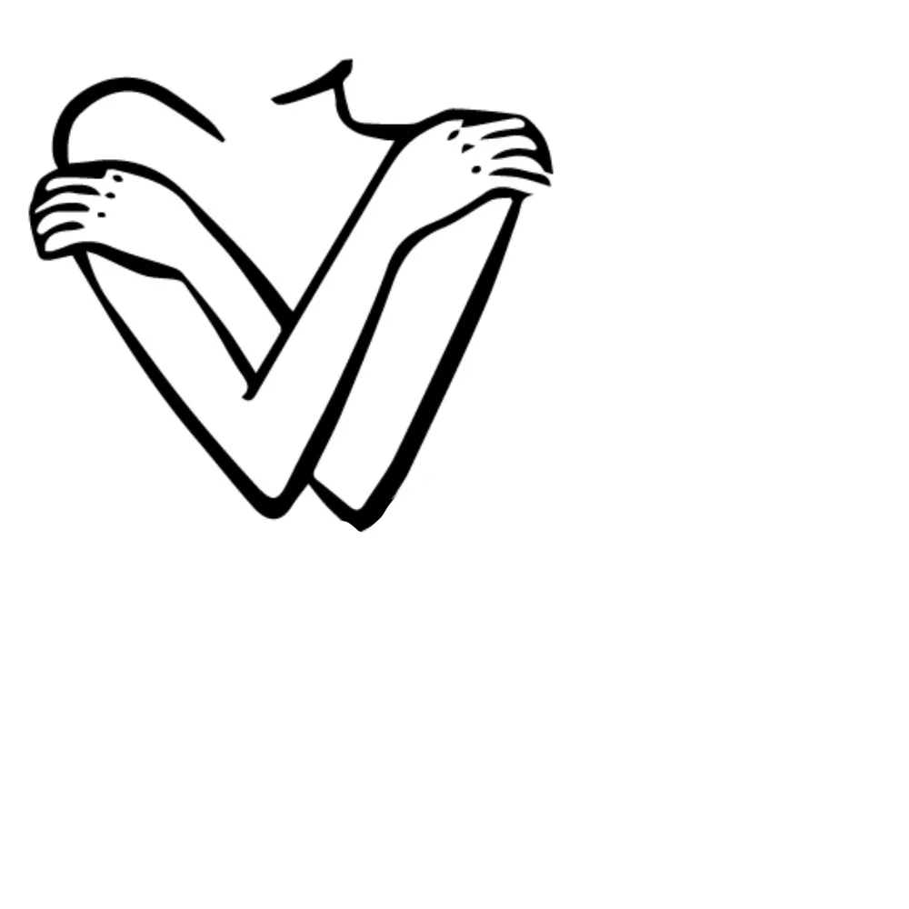 A line drawing of arms crossed in a hug, shaped like a heart.