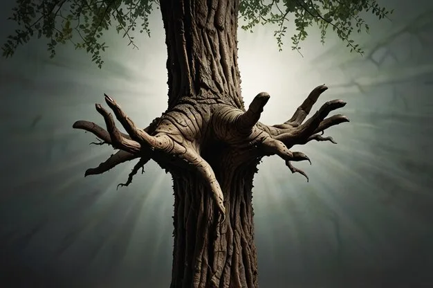Illustration of a tree trunk with branches shaped like reaching hands, light glowing behind it.