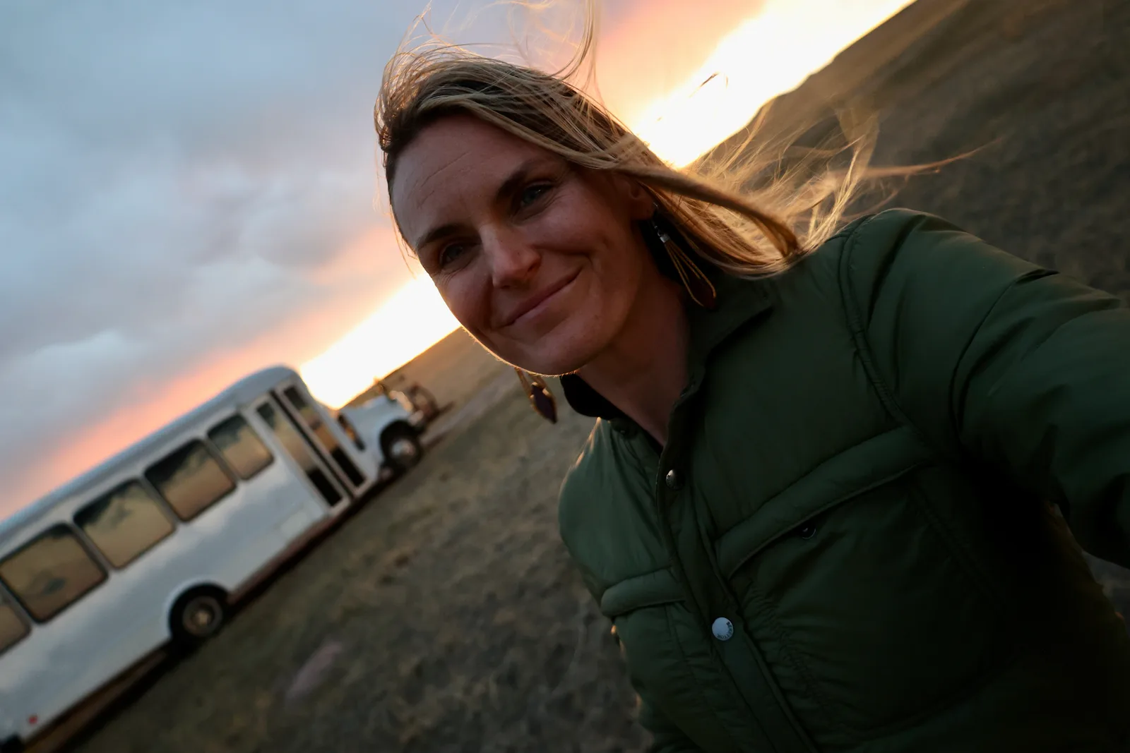 [Image/gif descriptions: Summer is smiling in front of a sunset with the Turtle Shuttle in the background]