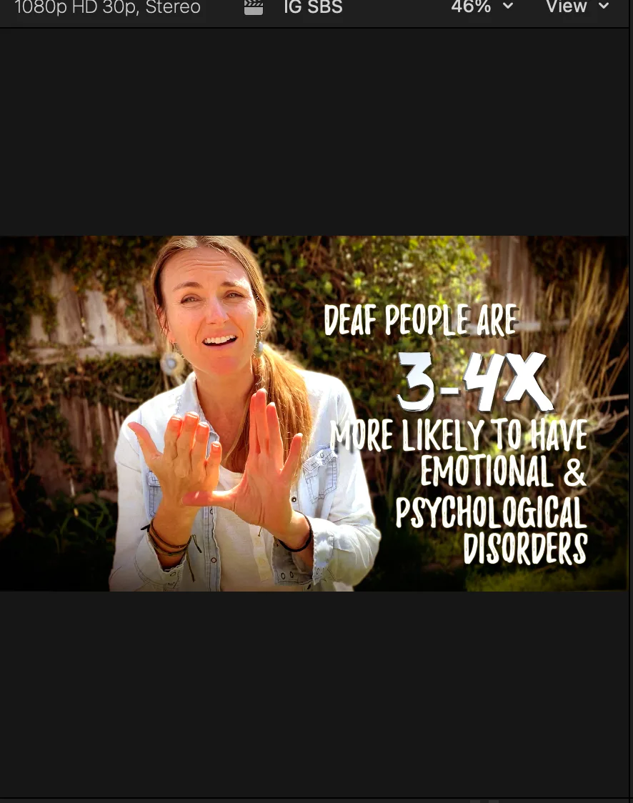 A woman signs in a garden. Text: “Deaf people are 3–4x more likely to have emotional & psychological disorders.”